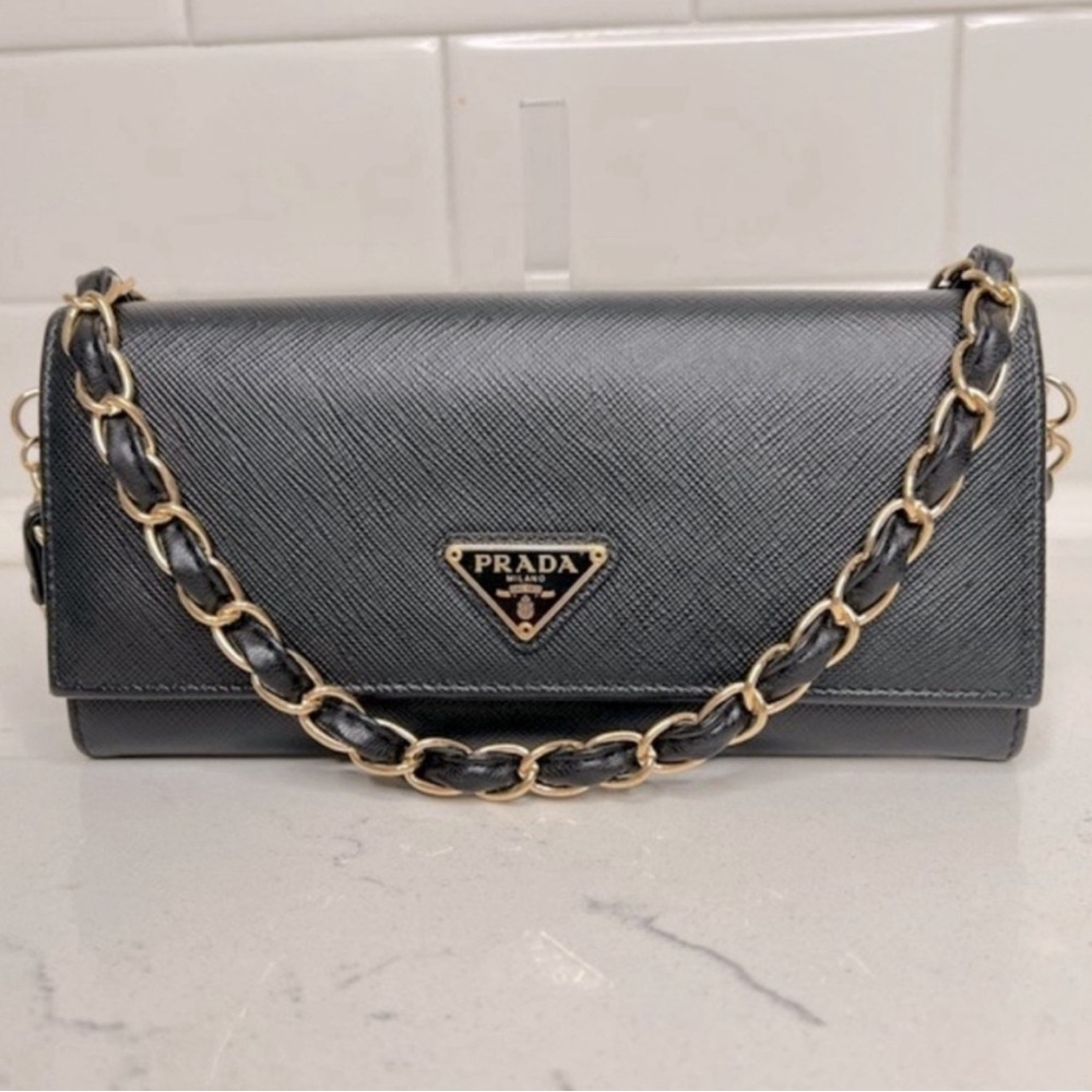 Prada Black Leather wallet on Chain